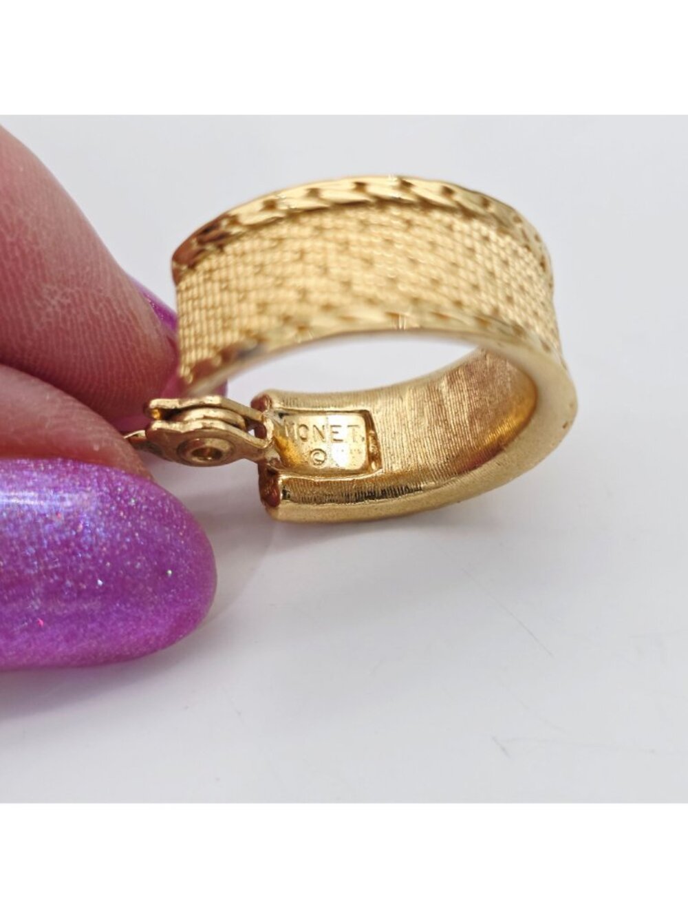 Monet Gold Tone Textured Clip-On Hoop Earrings 1" - Picture 6 of 6